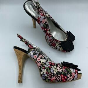 Rampage Black Floral Cork Heel Peep Toe Stiletto Shoes Womens 10 Y2K Whimsigoth